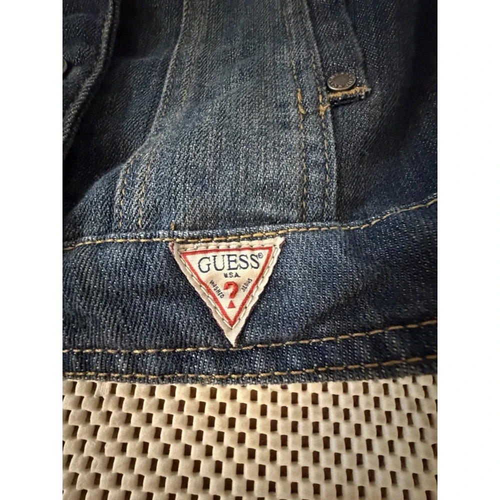 GUESS Jean Jacket Sz S/XS Denim Knit Sleeves Hood Hoodie Y2K Trucker Moto Y2K